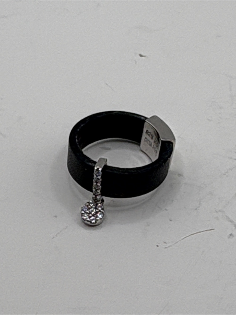 Black Leather Band Ring with Silver Crystal Charm size 5